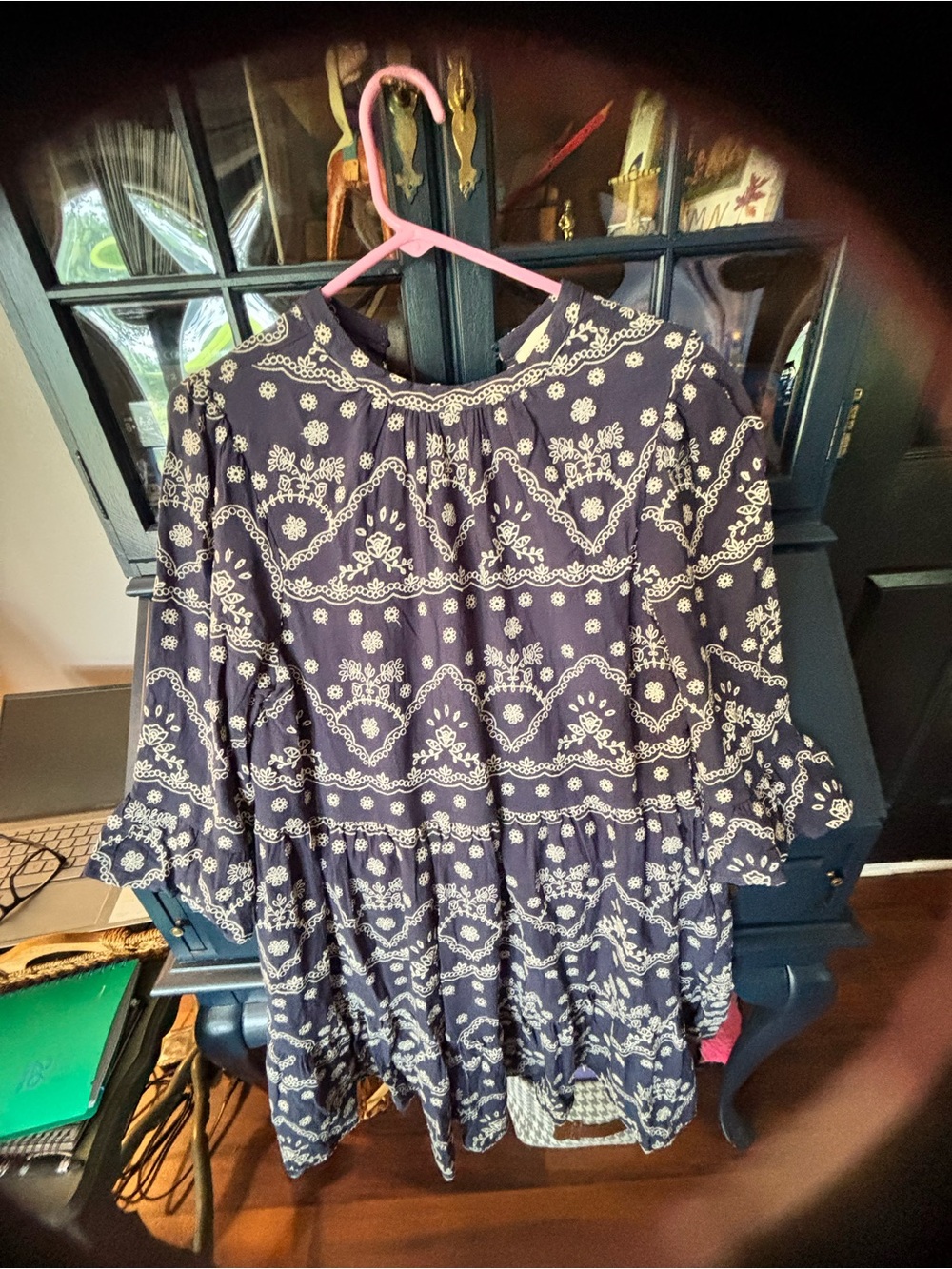 Navy Blue Boho Embroidered Peasant Dress